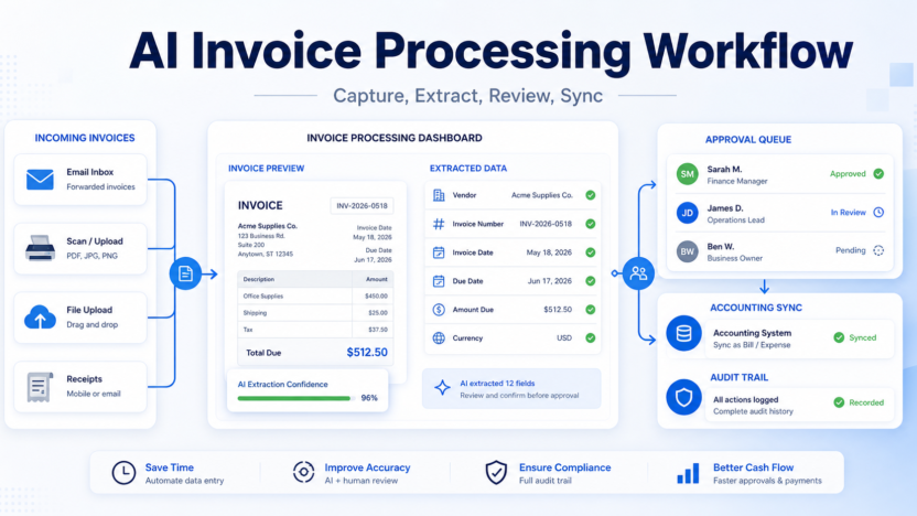 AI invoice processing workflow dashboard with capture, extraction, review, accounting sync, and audit trail