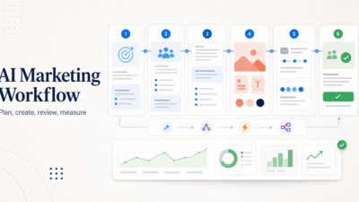 AI marketing workflow for small business campaign board with planning creative review and measurement stages