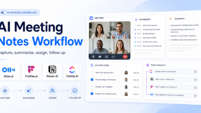AI meeting notes workflow dashboard with transcript summary action items and task handoff