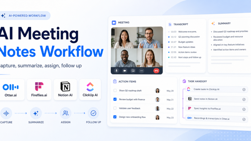 AI meeting notes workflow dashboard with transcript summary action items and task handoff
