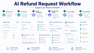 AI refund request workflow board with intake, policy check, manager review, customer reply, and finance handoff stages.