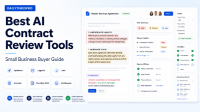 Best AI contract review tools dashboard with highlighted contract clauses, risk badges, approval workflow, and comparison cards.