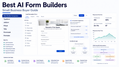 Best AI form builders visual with form canvas, AI question panel, conditional logic, response dashboard, and tool comparison list.