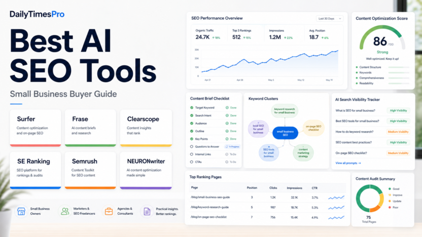 Best AI SEO tools for small business buyer guide dashboard illustration