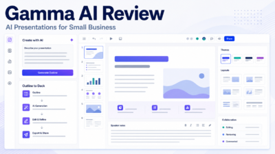Gamma AI review visual showing an AI presentation builder workspace with slide thumbnails, prompt panel, slide canvas, and abstract notes.