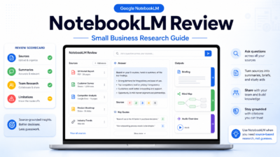 NotebookLM review dashboard for small business research with source cards and summary outputs