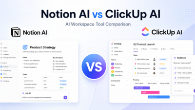 Notion AI vs ClickUp AI workspace tool comparison graphic