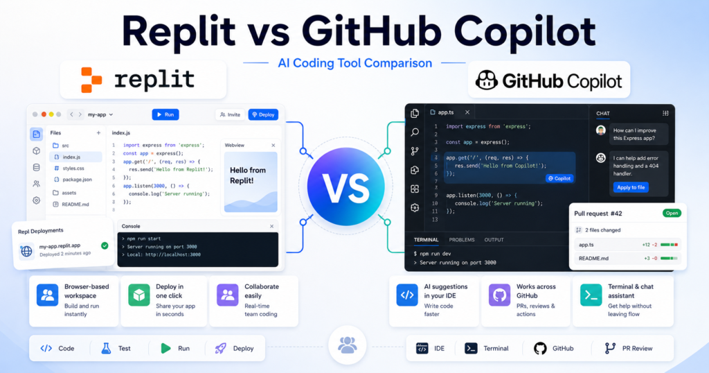 Replit vs GitHub Copilot: Workflows, Prices, and App Deployment