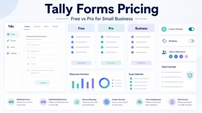 Tally forms pricing visual with Free, Pro, and Business plan cards beside a clean form builder workspace.