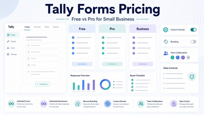Tally forms pricing visual with Free, Pro, and Business plan cards beside a clean form builder workspace.
