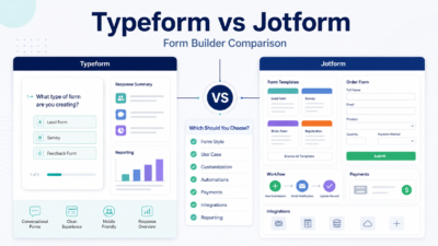 Typeform vs Jotform comparison visual with conversational form interface on one side and business form workflow on the other.