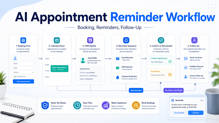 How to Build an AI Appointment Reminder Workflow premium SaaS-style editorial featured image.