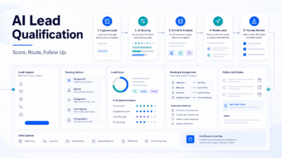 Premium 16:9 SaaS-style AI lead qualification workflow visual