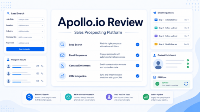 Premium 16:9 SaaS-style featured image for Apollo.io Review: Is It Worth It for Sales Prospecting?