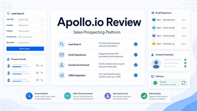 Premium 16:9 SaaS-style featured image for Apollo.io Review: Is It Worth It for Sales Prospecting?