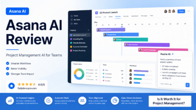 Premium SaaS-style Asana AI review graphic with project timeline, tasks, status dashboard, and AI summary panel