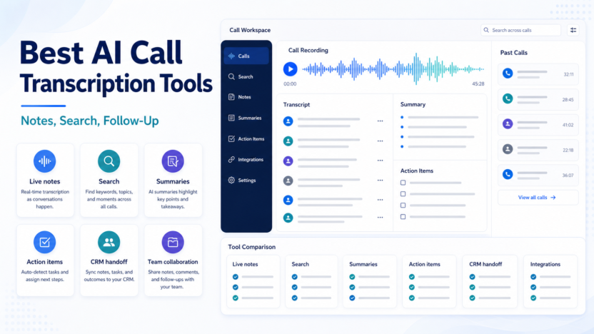 Premium 16:9 SaaS-style AI call transcription tools comparison visual