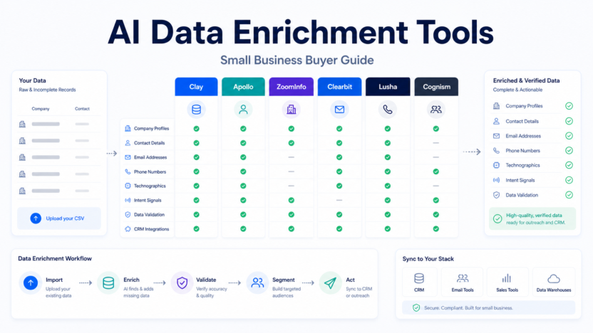 Premium 16:9 SaaS-style featured image for Best AI Data Enrichment Tools for Small Business