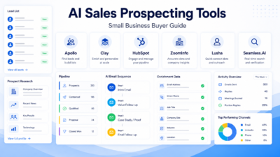 Premium 16:9 SaaS-style featured image for Best AI Sales Prospecting Tools for Small Business
