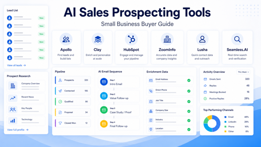 Premium 16:9 SaaS-style featured image for Best AI Sales Prospecting Tools for Small Business