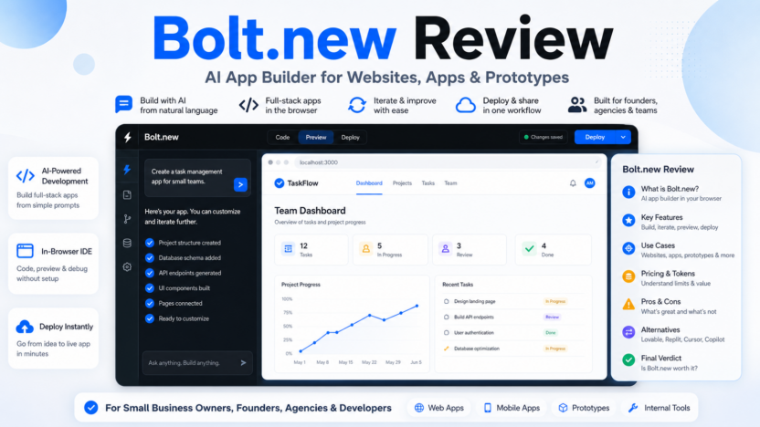 Bolt.new Review featured image showing an AI app builder workspace and review checklist