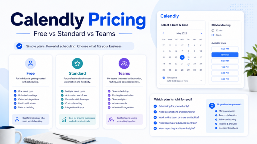Calendly Pricing Explained: Free vs Standard vs Teams premium SaaS-style editorial featured image.