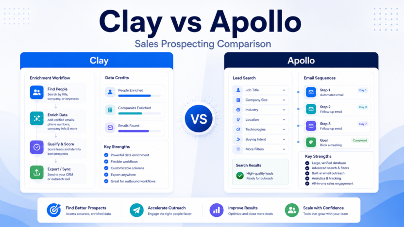 Premium 16:9 SaaS-style featured image for Clay vs Apollo: Which Sales Prospecting Tool Should You Choose?
