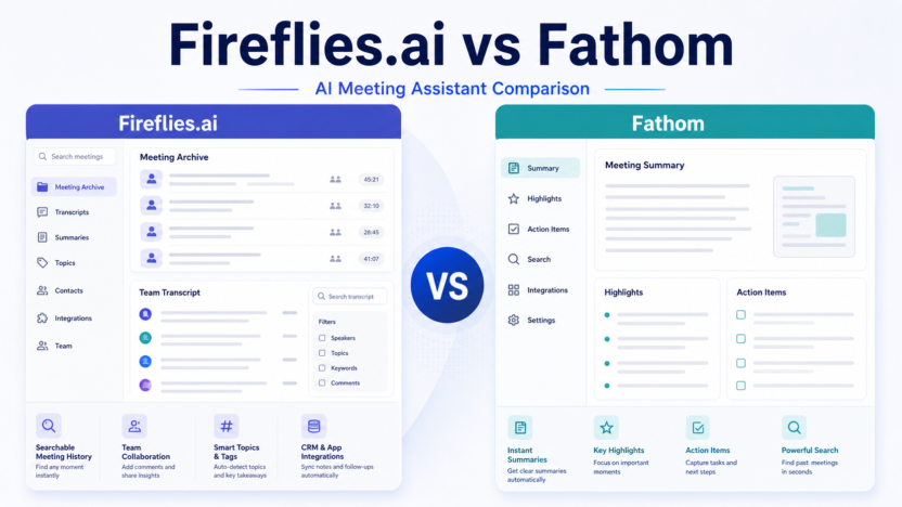 Premium 16:9 SaaS-style Fireflies.ai vs Fathom comparison visual