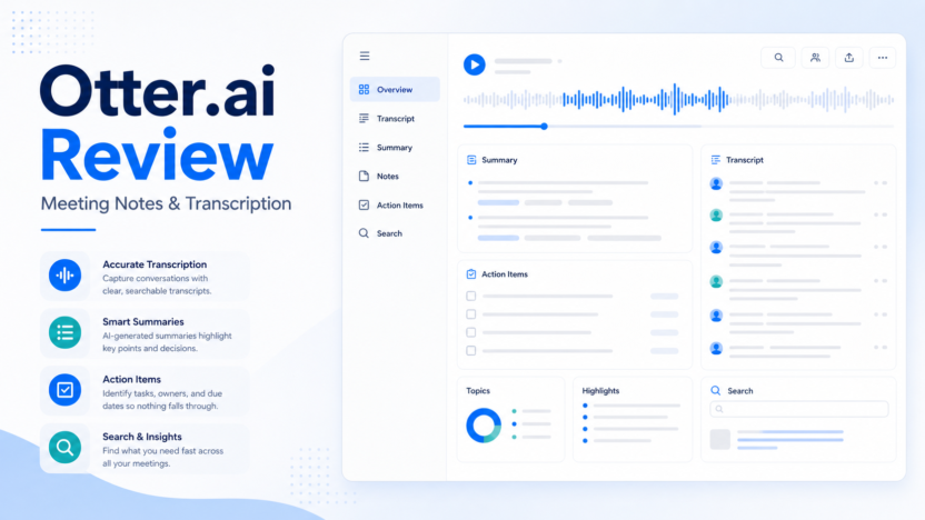 Premium 16:9 SaaS-style Otter.ai review visual with meeting notes interface
