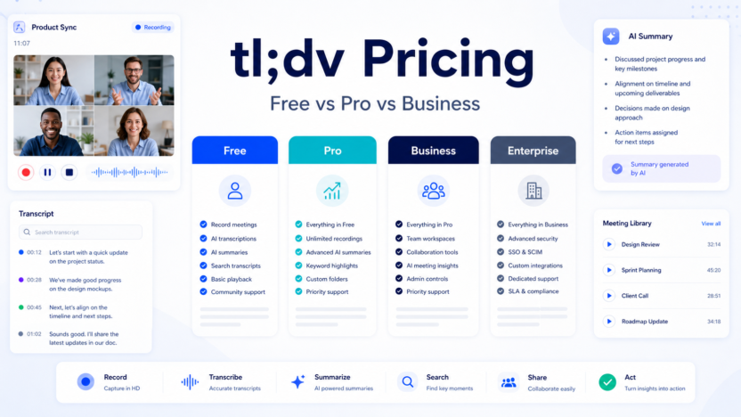 Premium 16:9 SaaS-style featured image for tl;dv Pricing Explained: Free vs Pro vs Business