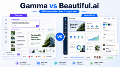 Gamma vs Beautiful.ai comparison featured image with AI presentation dashboards