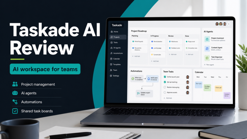 Taskade AI review featured image showing a clean team workspace dashboard with project boards, AI agent cards, automations, and shared checklists.
