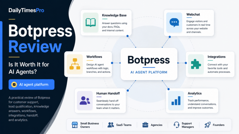 Botpress review featured image showing an abstract AI agent workflow with knowledge base, webchat, workflows, integrations, handoff, and analytics.