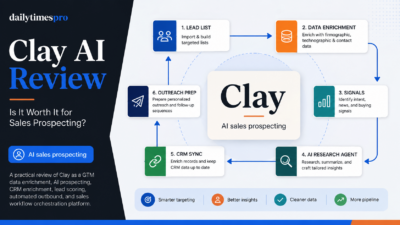 Clay AI review featured image showing an abstract GTM workflow from lead list to enrichment, signals, AI research, CRM sync, and outreach preparation.