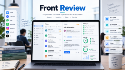 Front review featured image showing AI customer operations with omnichannel inbox, AI Copilot, Autopilot workflow, QA, CSAT, and analytics
