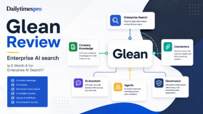 Glean review featured image showing enterprise search, company knowledge, connectors, AI assistant, agents, and governance panels.