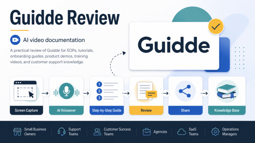 Guidde review featured image showing an AI video documentation workflow from screen capture to voiceover, step-by-step guide, review, sharing, and knowledge base.