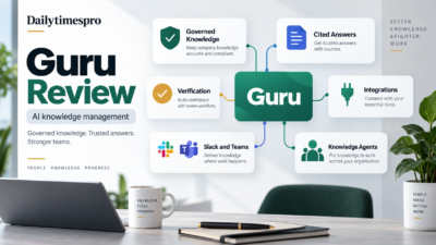 Guru review featured image showing governed knowledge, cited answers, verification, integrations, Slack and Teams, and knowledge agents.