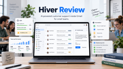 Hiver review featured image showing an AI-powered Gmail help desk with shared inbox, SLA cards, AI reply draft, analytics, and automation routing