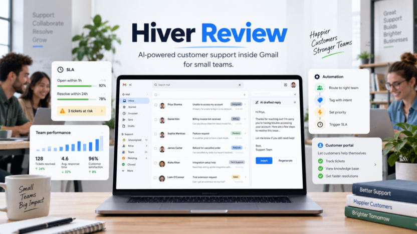 Hiver review featured image showing an AI-powered Gmail help desk with shared inbox, SLA cards, AI reply draft, analytics, and automation routing