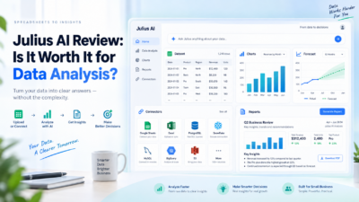 Julius AI review featured image showing data analysis dashboard, charts, reports, forecasts, and connectors