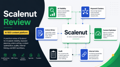 Scalenut review featured image showing an abstract AI SEO workflow with AI visibility, keyword clusters, article writing, content optimization, audit, and internal linking.