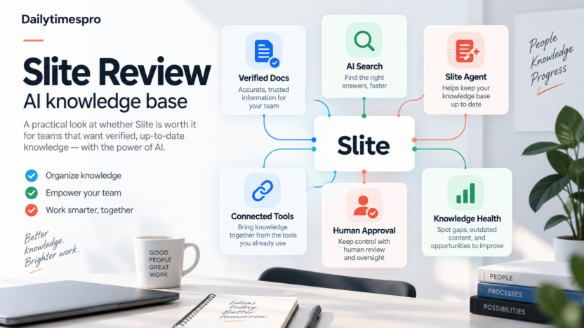 Slite review featured image showing verified docs, AI search, Slite Agent, connected tools, human approval, and knowledge health.